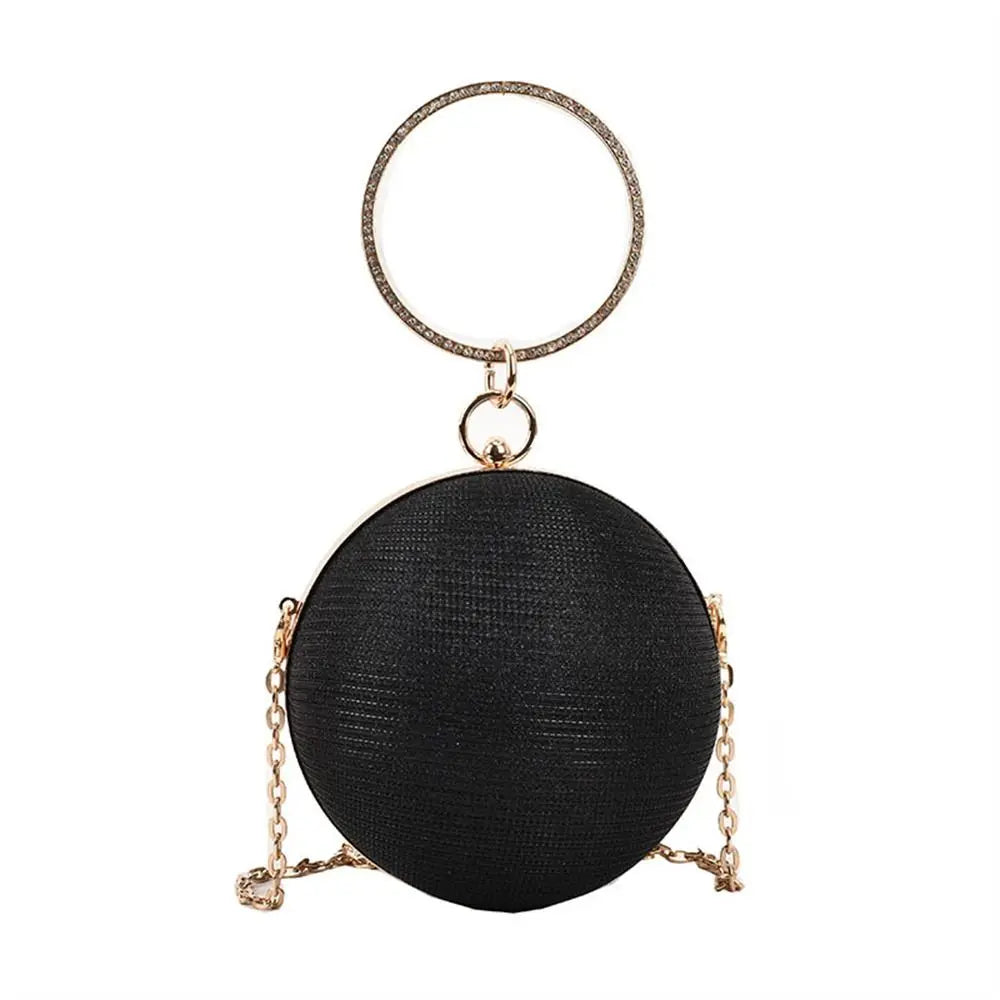 Luxury Circular Evening Bag Gold Bright Silk Rhinestone Decorative Chain Banquet Clutch Handbags Women Female