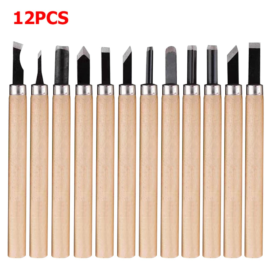 6-12pcs High Manganese Steel Engraving Knife with Wooden Handle Professional Handmade Wood Carving Chisel Tools Kit