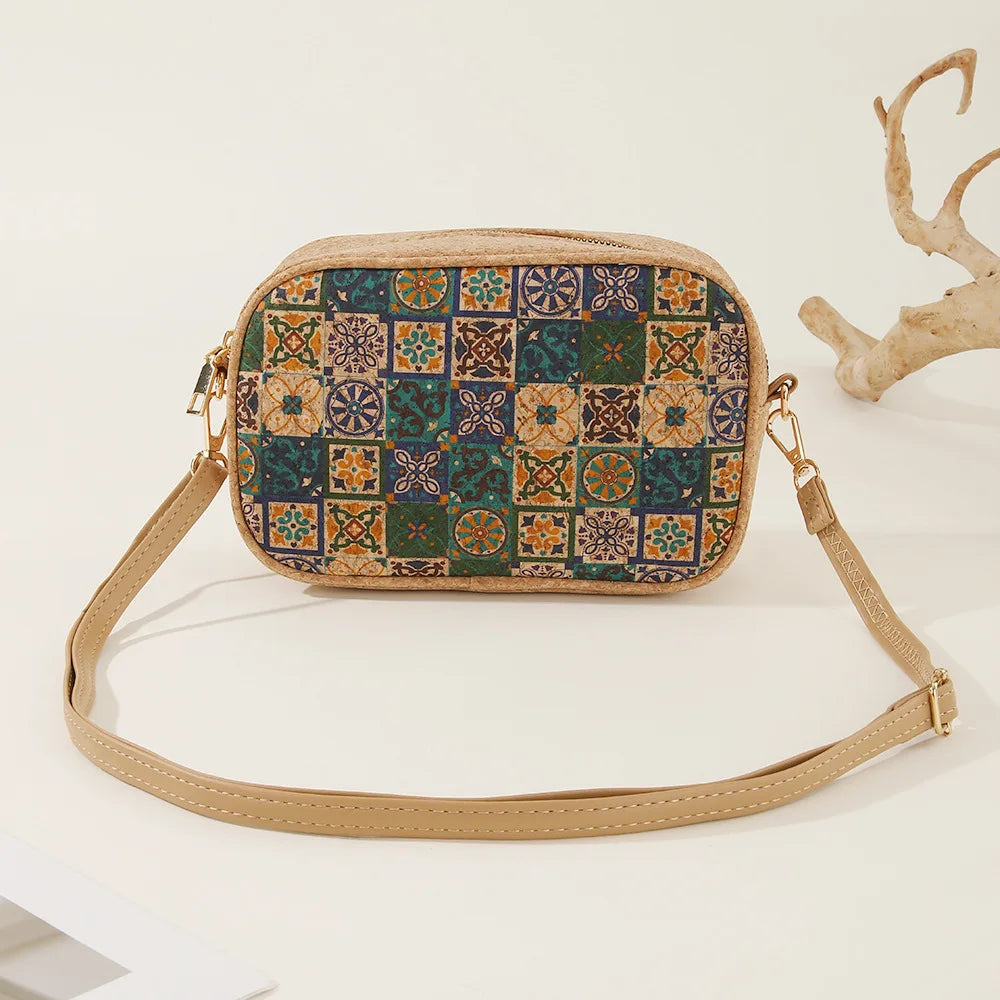 8pcs Crossbody Bags Women Retro Cork Leather National Printing Light Protable Cross Phone Bag