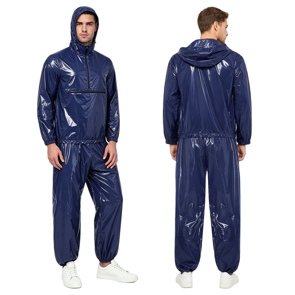 Mens Waterproof Tracksuit Sauna Sweat Outfit Zipper Pocket Hoodie Sweatshirt Windbreaker And Jogging Pants Rainwear Sportswear