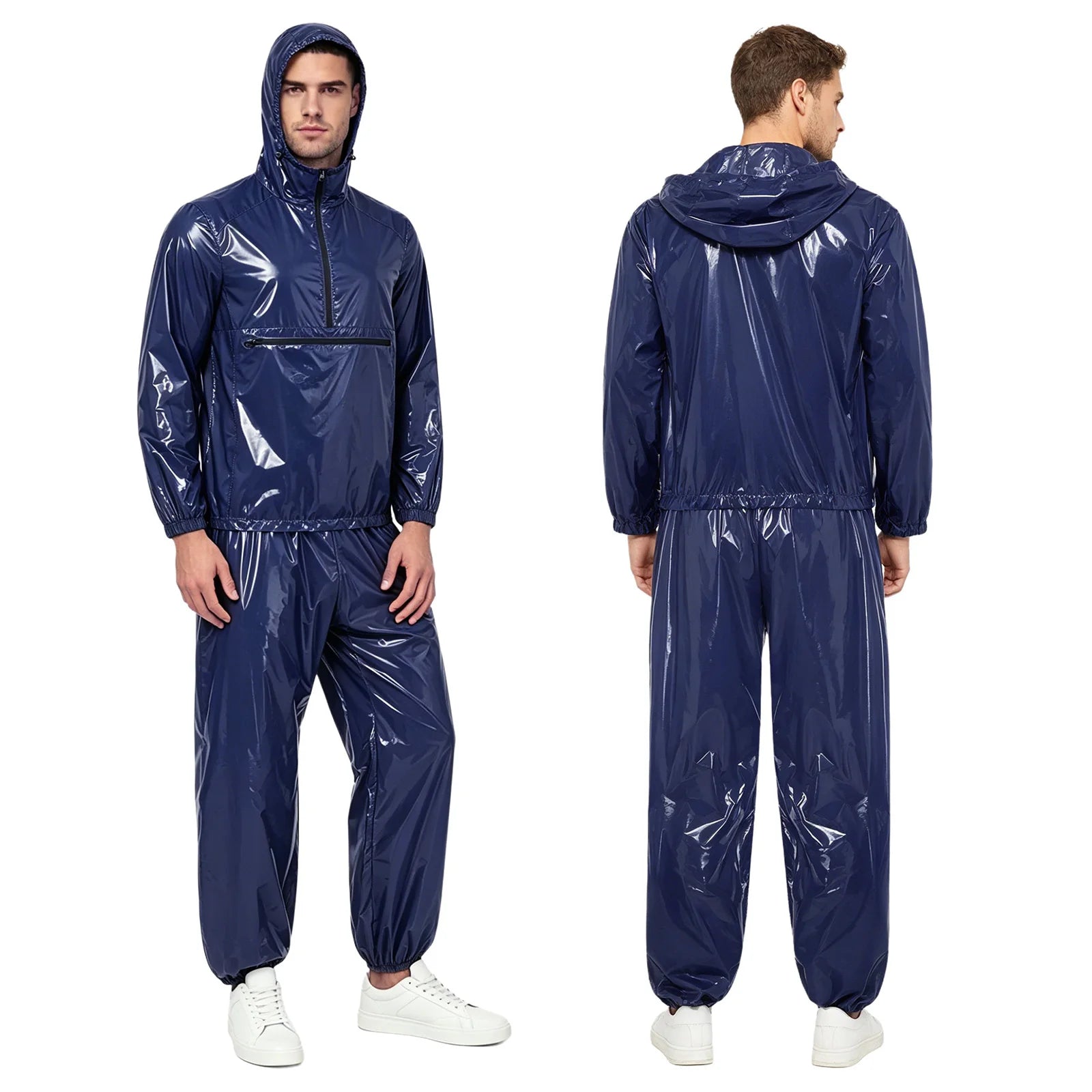 Mens Waterproof Tracksuit Sauna Sweat Outfit Zipper Pocket Hoodie Sweatshirt Windbreaker And Jogging Pants Rainwear Sportswear
