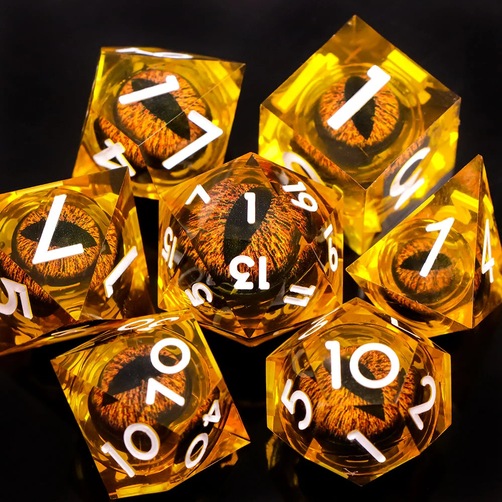 Dragon Eye Dice Set with Full Liquid Core & Sharp Edge | for D&D, Pathfinder RPG | Metallic Resin Dungeon Master Dice | for Gift