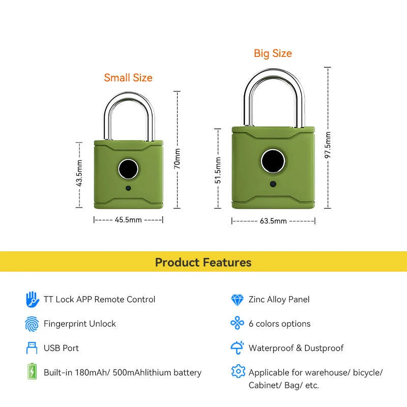 Waterproof Travel Portable Security TTlock App Keyless Biometric Padlock With Fingerprint Reader