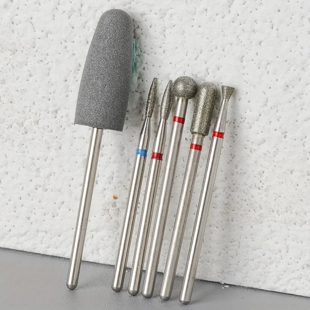 6Pcs Nail Drill Bits Set 3/32" Diamond & Silicone Nail File Bit Nail Grinding Head for Acrylic Gel Nail Removal Cuticle Cleaning