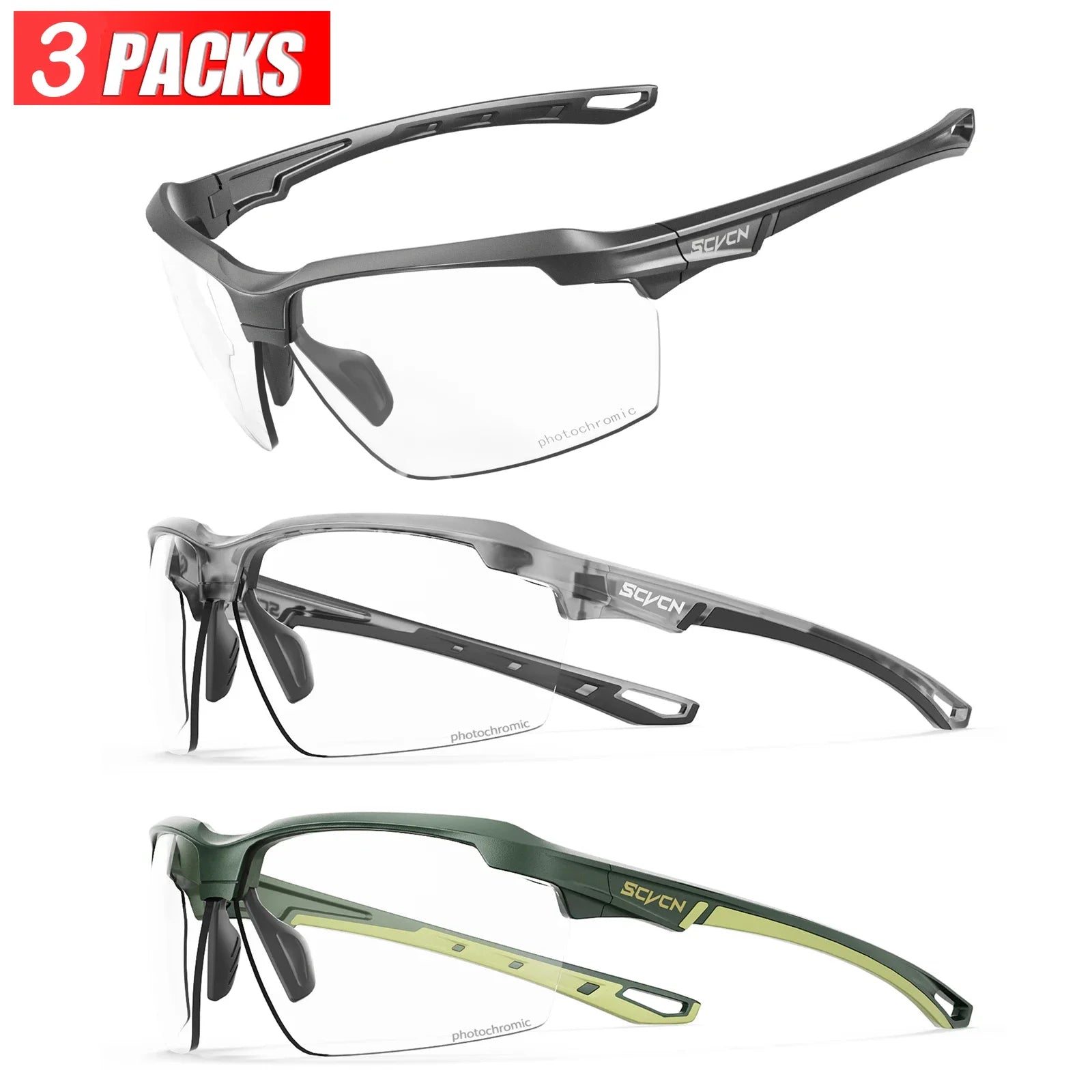 3PACKS SCVCN Hiking Eyewear Photochromic Cycling Sunglasses Glasses Bike MTB Bicycle Golf UV400 Sports Glasses for Men Women
