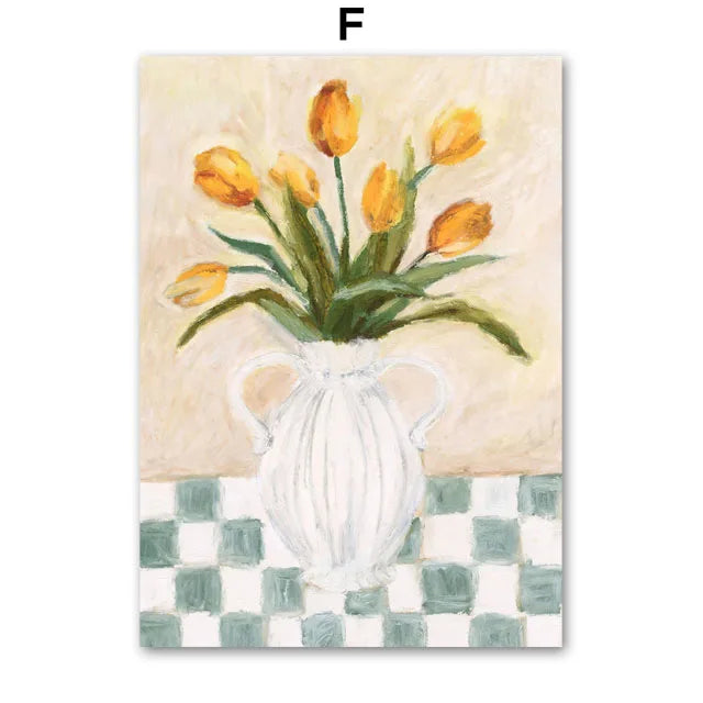 Retro Pajama Girl Lemon Flowers Vase Abstract Gallery Poster And Prints Wall Art Canvas Painting Pictures For Living Room Decor