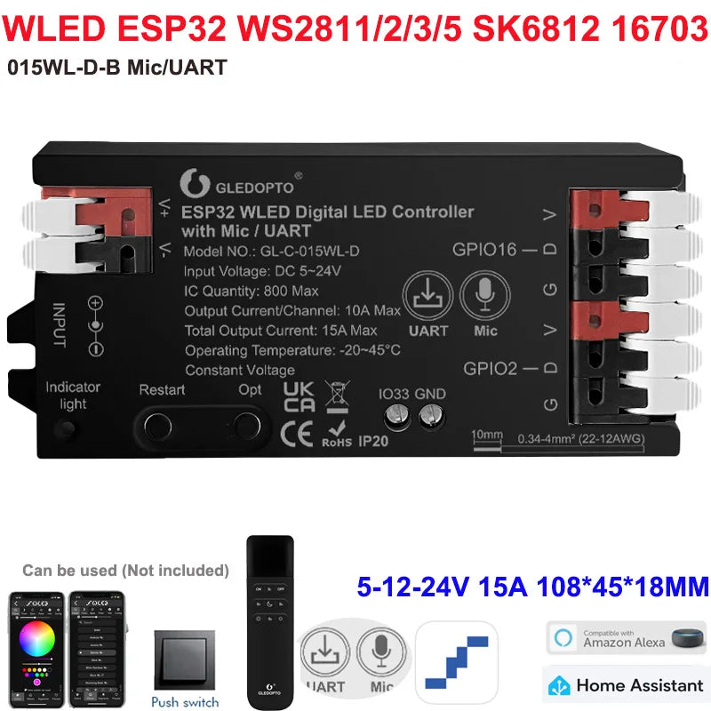 5GLEDOPTO ESP32 PWM WLED Dynamic LED Controller 5 in 1 DC12-24V WIFI App Control for RGBCCT RGBW RGB CCT DM WS2811/2B/3/5 Strip