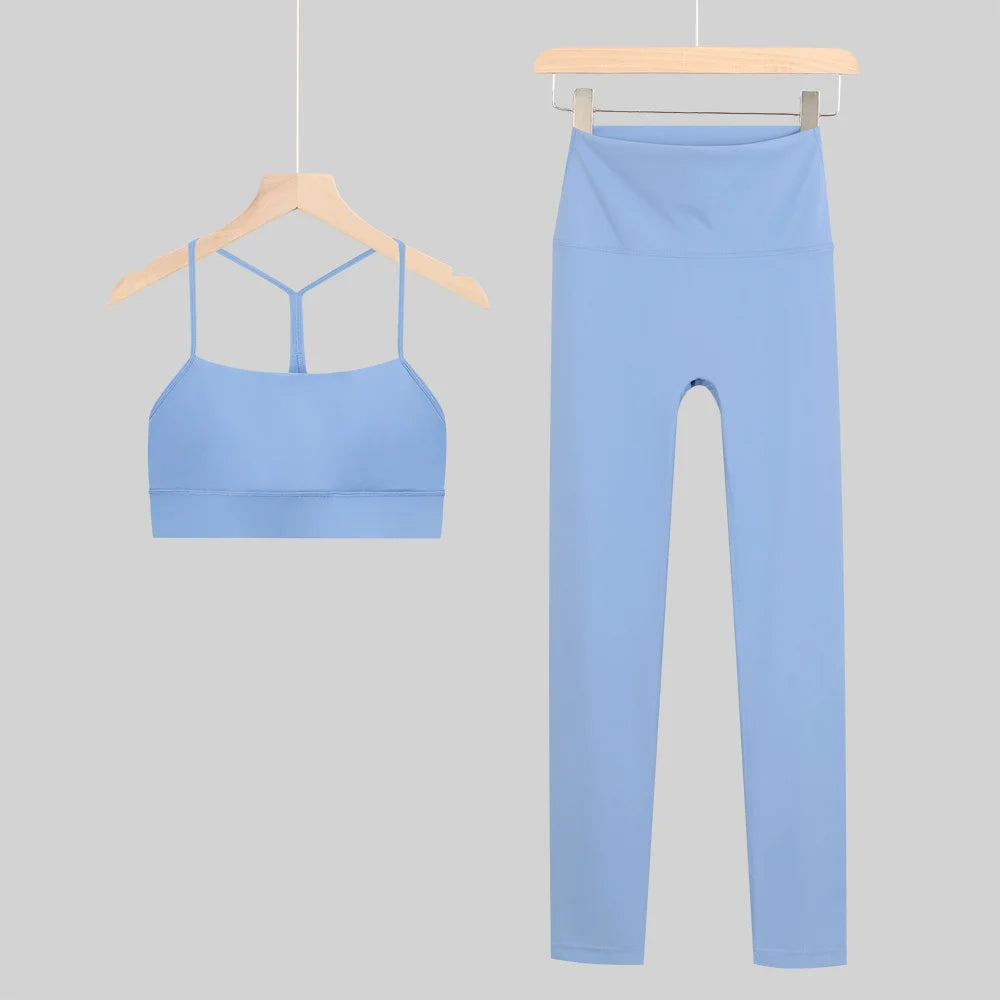 New Yoga Women Vest Gym Top Y-shape Bra Set Comfortable Running Fitness Cropped Pants Sportswear