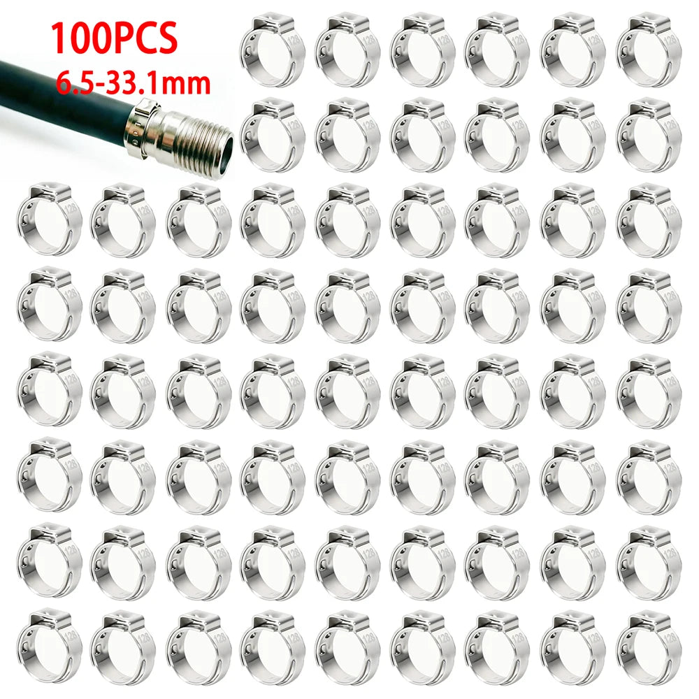 100pcs Single Ear Hose Clamp 6.5-33.1mm Hose Clamps Crimp Ring 304 Stainless Steel Pinch Clamp for Pex Tubing Pipe Automotive