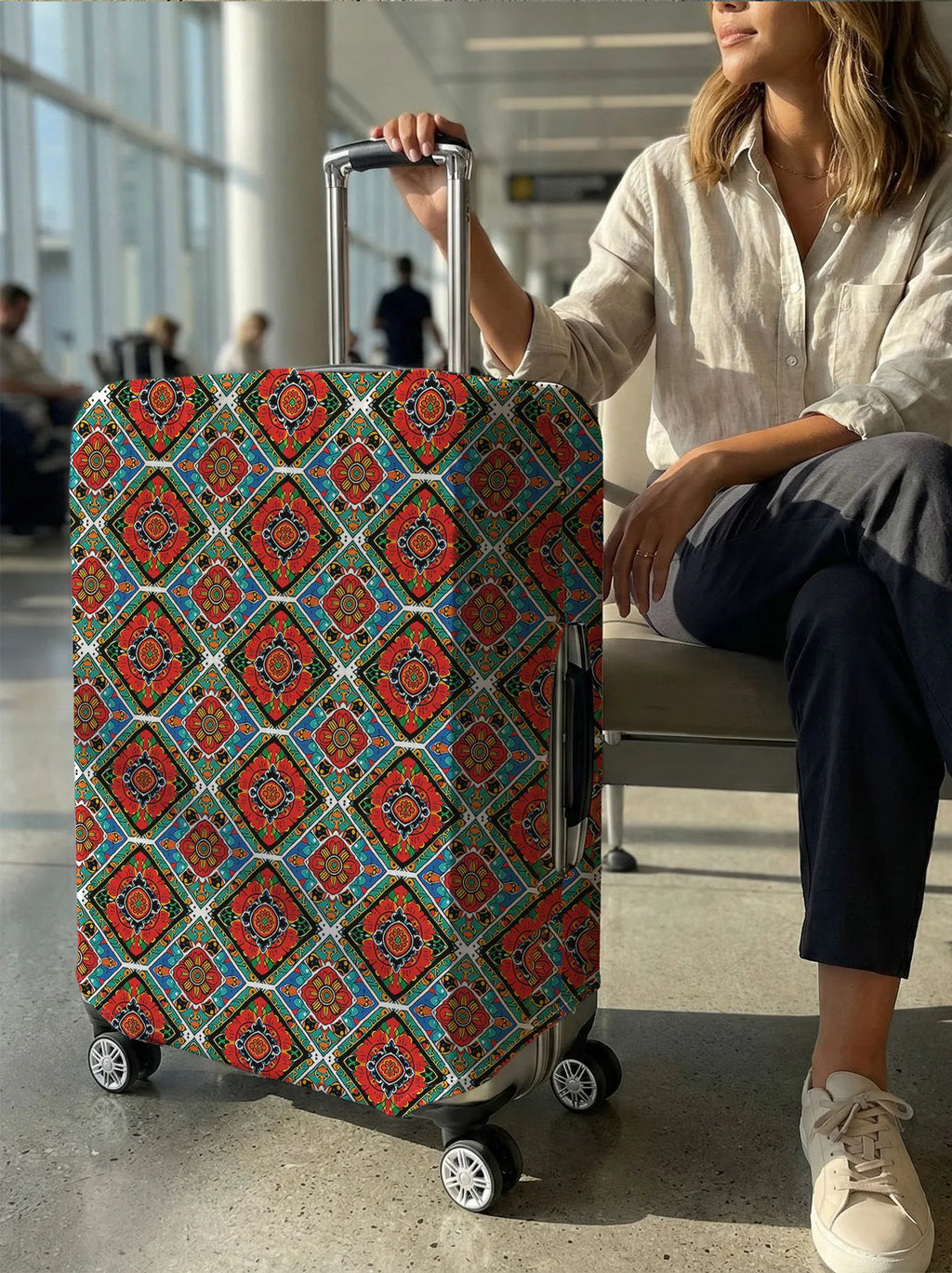 Bohemian Colorful Geometric Floral Print Luggage Cover, Suitable for 18-32 Inch Luggage Cover, Luggage Handle Glove, Travel Acce