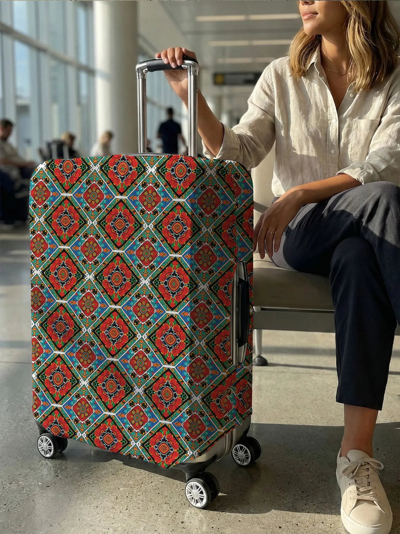 Bohemian Colorful Geometric Floral Print Luggage Cover, Suitable for 18-32 Inch Luggage Cover, Luggage Handle Glove, Travel Acce