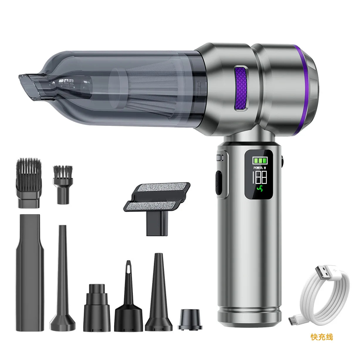Strong Suction Car Vacuum Cleaner Brushless Motor Digital Display One-Click Detachable Dust Cup Portable Auto Household Duster