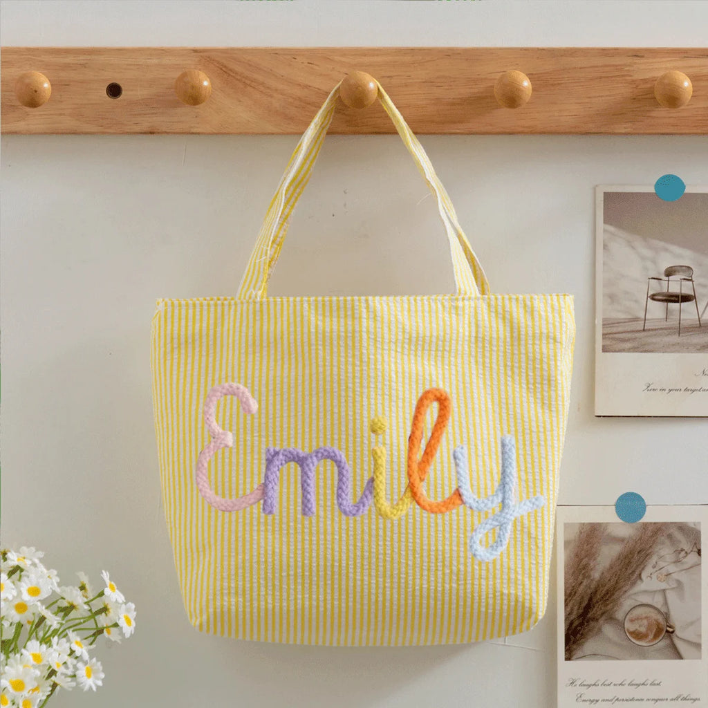 Custom Seersucker Cosmetic Handbag and Travel Organizer — Personalized Chenille Letter Toiletry Bag and Summer Beach Tote