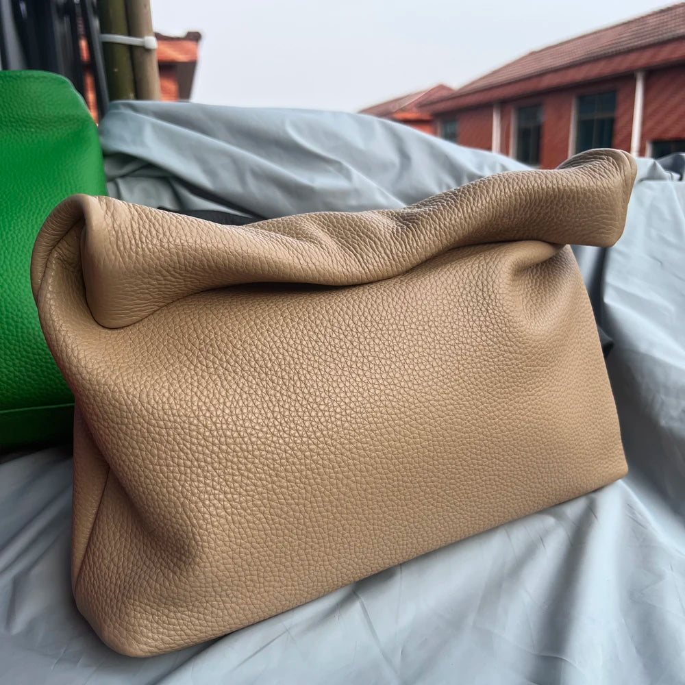 100% Genuine Leather Cowhide Handbag High Quality Leather Women's Foldable Designer Handbag Simple Magnet Handle Bags