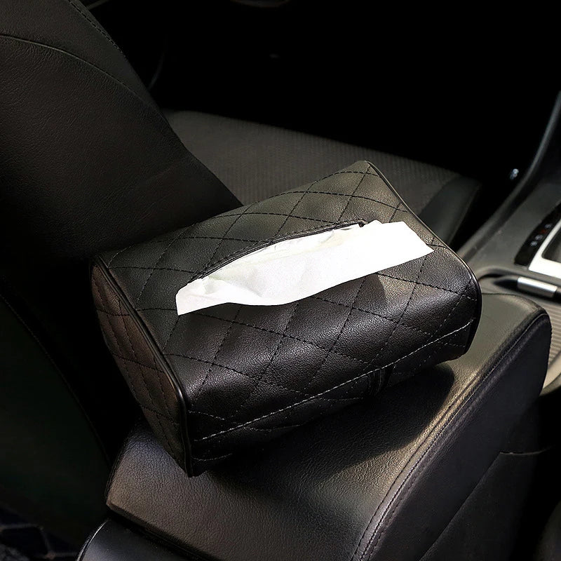 Solid Color Checkered Leather Wear-Resistant Tissue Box Car Seat Back Sunshade Hanging Tissue-Bag Buckle Strap Easy Installation