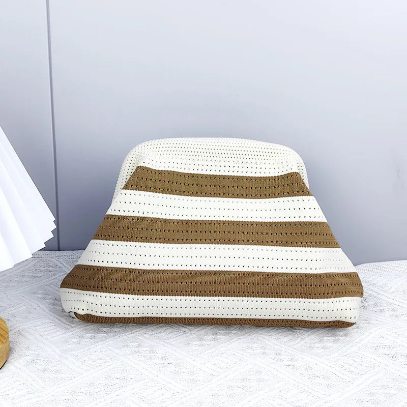 Summer Beach Clutch Purses for Women Crochet Woven Ruched Dumpling Hobo Bag Striped Color Evening Handbag Pool Knit Clutch