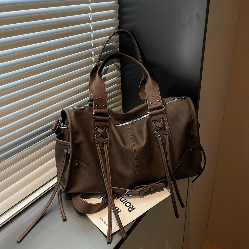 Women's Vintage Faux Leather Tote Bag, Large Capacity Crossbody Shoulder Purse with Lace-Up Detail, Casual Streetwear Use