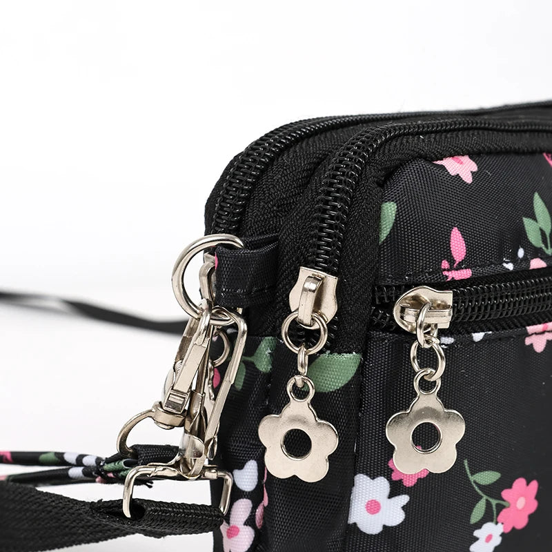 Lightweight Utility Crossbody Bag Durable Nylon Canvas Floral Print Multi Compartment Secure Zipper Women Travel Handbag