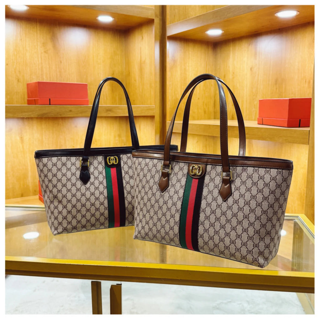 New Women's Luxury Coffee Floral Handbag with Red Green Striped Design Soft Leather Large Capacity Underarm Bag Fashionable