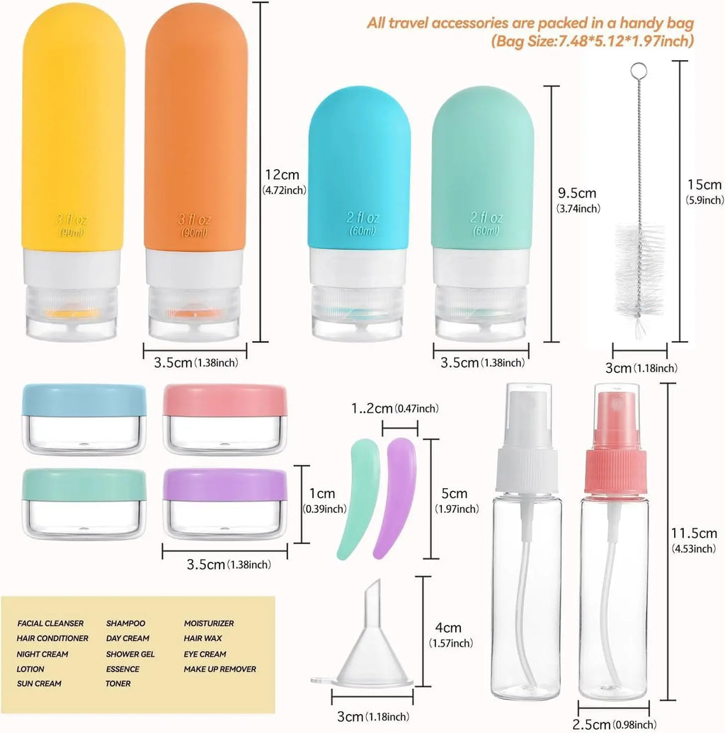 17-piece silicone travel bottle set, leak-proof shampoo and conditioner squeeze bottle for men and women, with storage bag