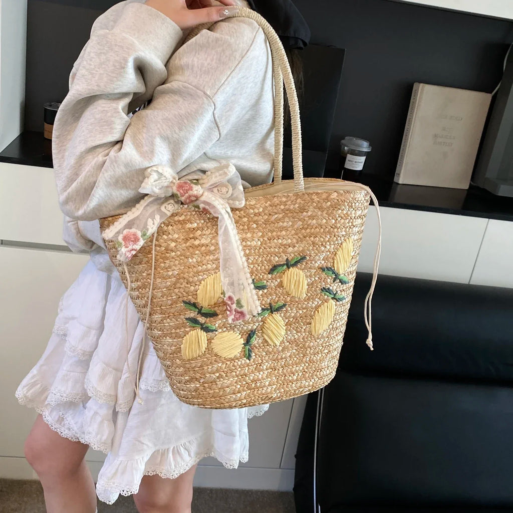 Large Capacity Beach Shoulder Bag Designer Embroidery Handbag Summer Handmade Rattan Bag Fashion Basket Straw Shopping Bag