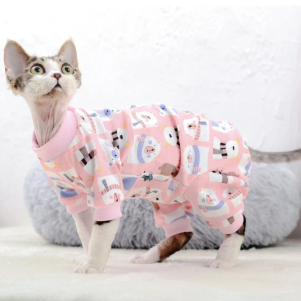 Cat Clothing 4-legged Soft  Cartoon Lion Coat for Sphynx Cat Cotton Long Sleeves Shirt for Kittens Devon Rex Blue Pink Jumpsuit