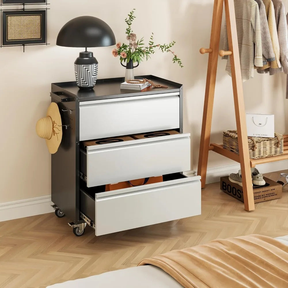 Metal Rolling Storage Cabinet with Drawers and Pegboards for Workshop, 18.11D x 30.3W x 35.4H Inches