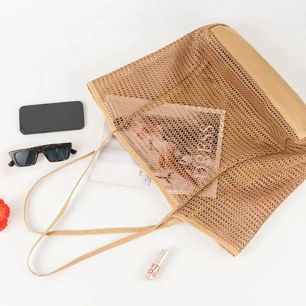 1pcs Foldable Beach Bag with Mesh Net, Women's Shoulder Bag, Essential for Outdoor Travel and Leisure Activities