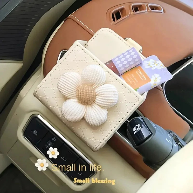 A Flower Patterned PU Leather Car Storage Box, Lightweight and Portable, Glove Box Organizer, Vehicle Interior Decoration