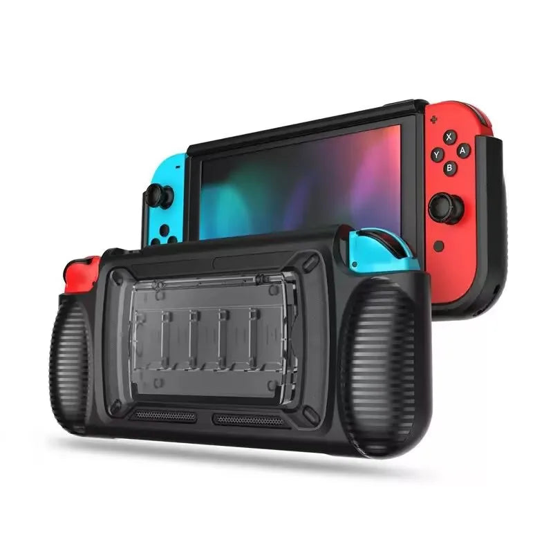 Protective Case for Nintendo Switch Grip Shell with 7 Storage Slots Multi-Angle Adjustable Stand, Handle Cover Shock-Absorption