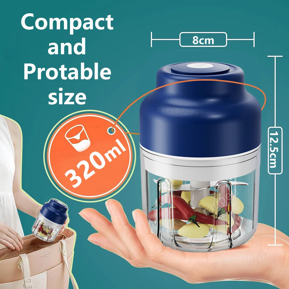 Electric Garlic Chopper Mini Portable Wireless Food Chopper 320ML USB Rechargeable Meat Grinder Vegetable Garlic Masher Blender