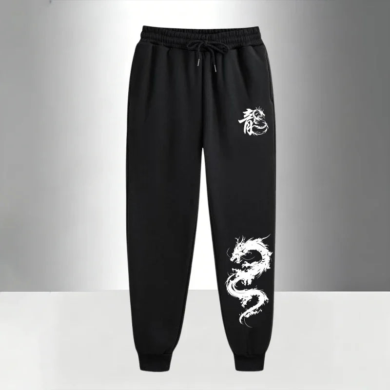 Chinese Dragon Print Tracksuit for Men Zipper Hooded Sweatshirt and Black Sweatpants Urban Causal Fashion Hoodies Outerwear Sets
