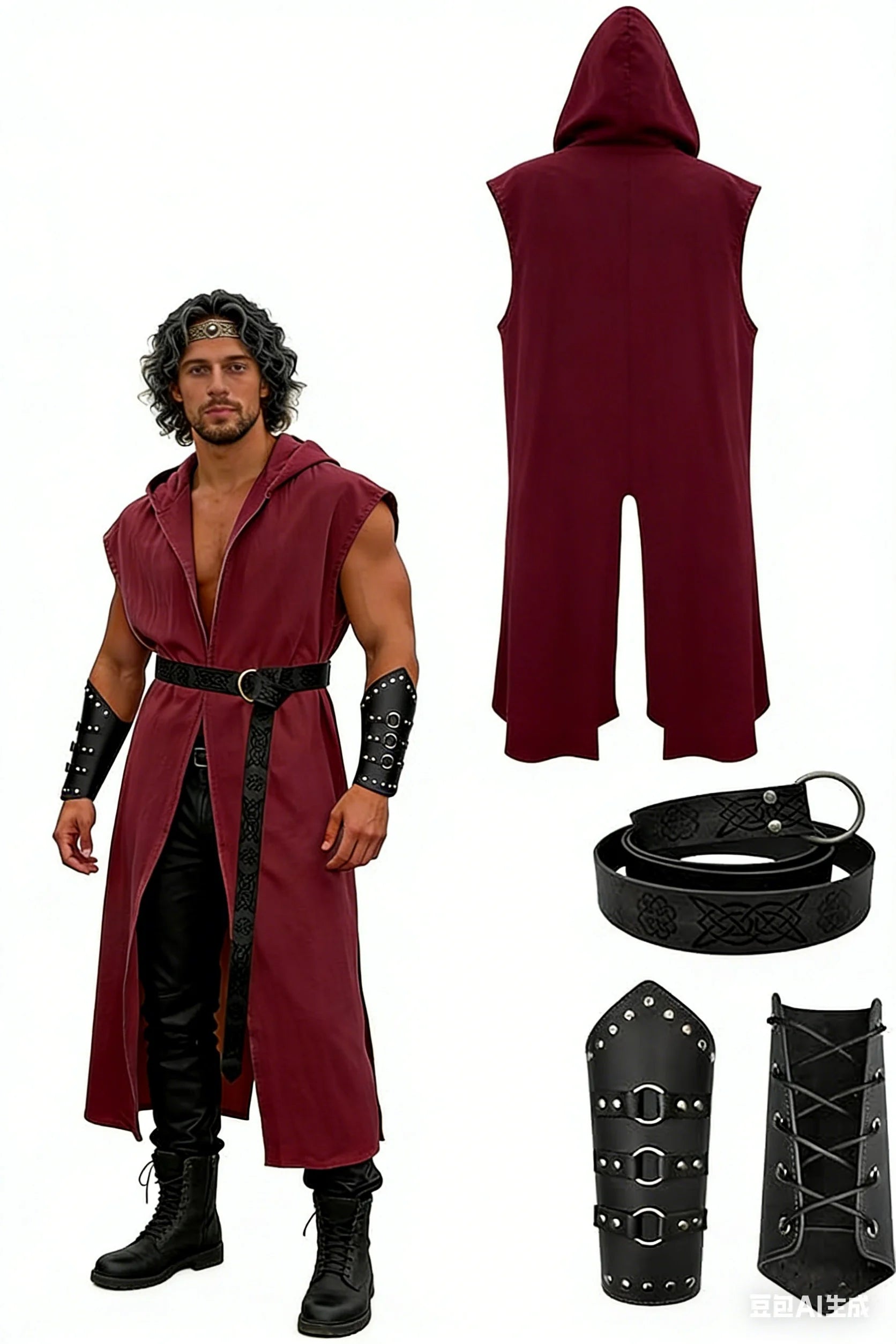 Verceco Men’s Renaissance Costume Set – Medieval/Renaissance Costume for Men with Hooded Surcoat Leather Belt & Bracers