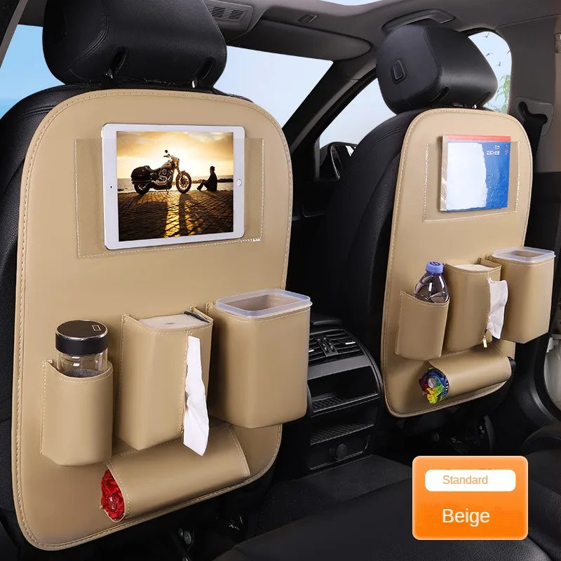 Car Seat Back Organizer With Foldable Table Tray Leather Auto Backseat Hanging Tissue Cup Holder Pockets Trash Can Bin Storage