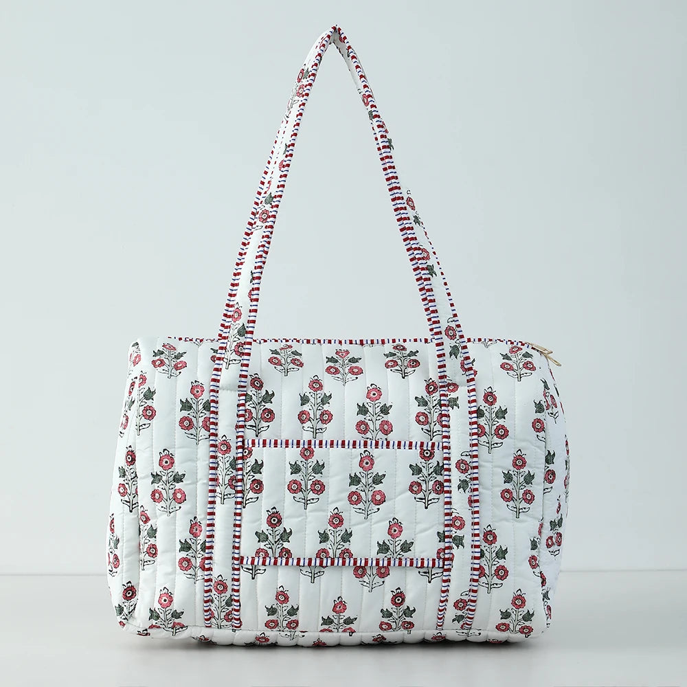 Large Quilted Travel Bag For Women Weekender Bag Floral Block Print Cotton Luggage Overnight Duffle Bags