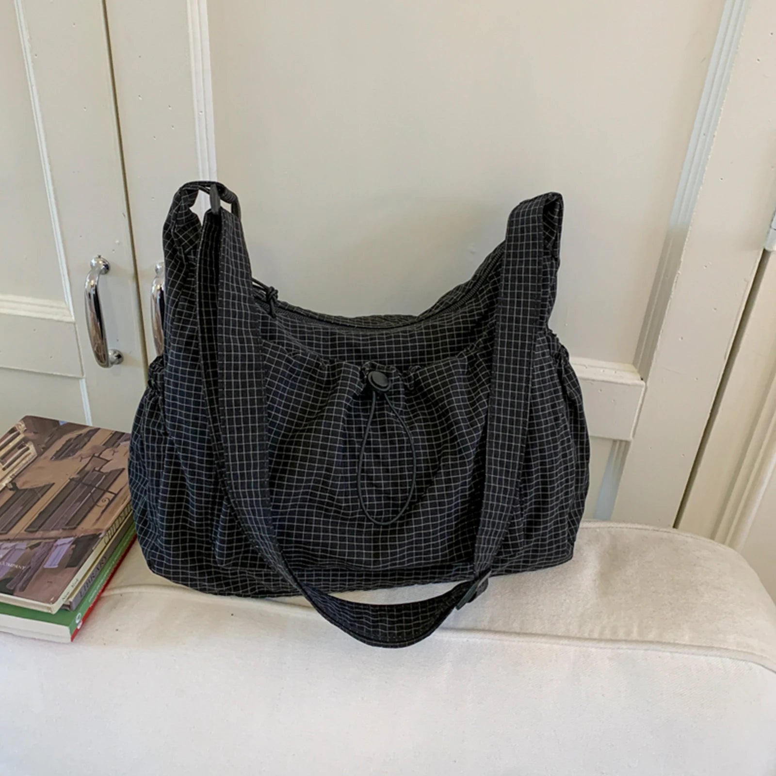 Women Checkered Sling Bag Nylon Pleated Cloud Shoulder Bag Large Capacity Stylish Plaid Tote Bag Shopping Date Handbag