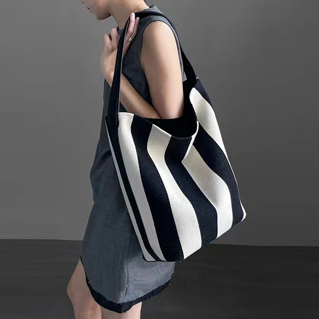 Black and white striped tote bag large capacity women's canvas commuting bag simple and casual shoulder bag Korean Handbag