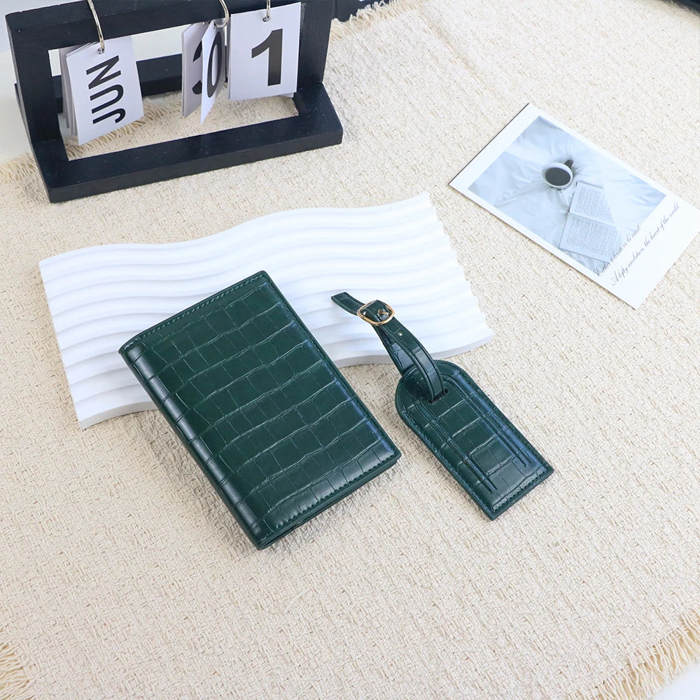 Customized Name PU Leather Crocodile Skin Pattern Luggage Tag + Passport Holder Set for Luggage Bag Accessories