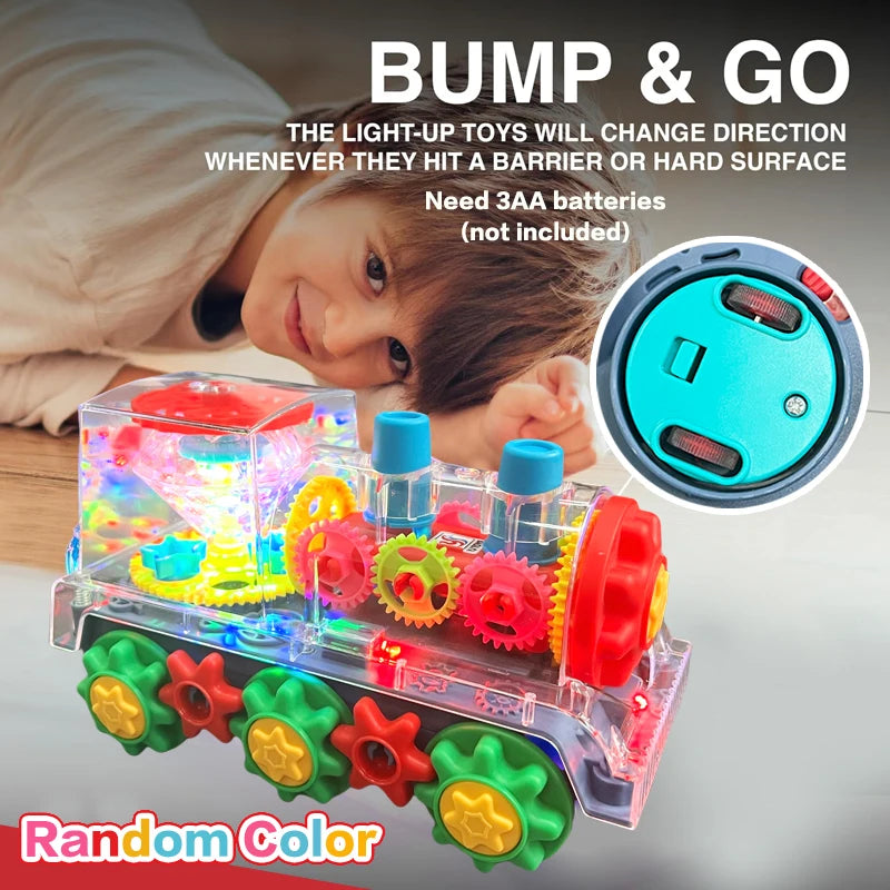 Kids Transparent Gear Train Toy with Colorful Light And Music Educational 360 Degree Rotating Walking Toy Gift for Children
