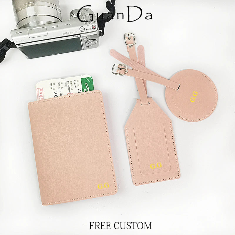 Custom Name Travel Passport Cover Round Luggage Tag Personalized Suitcase Label With Air-tag Bag PU Leather Luxury Dropship Gift