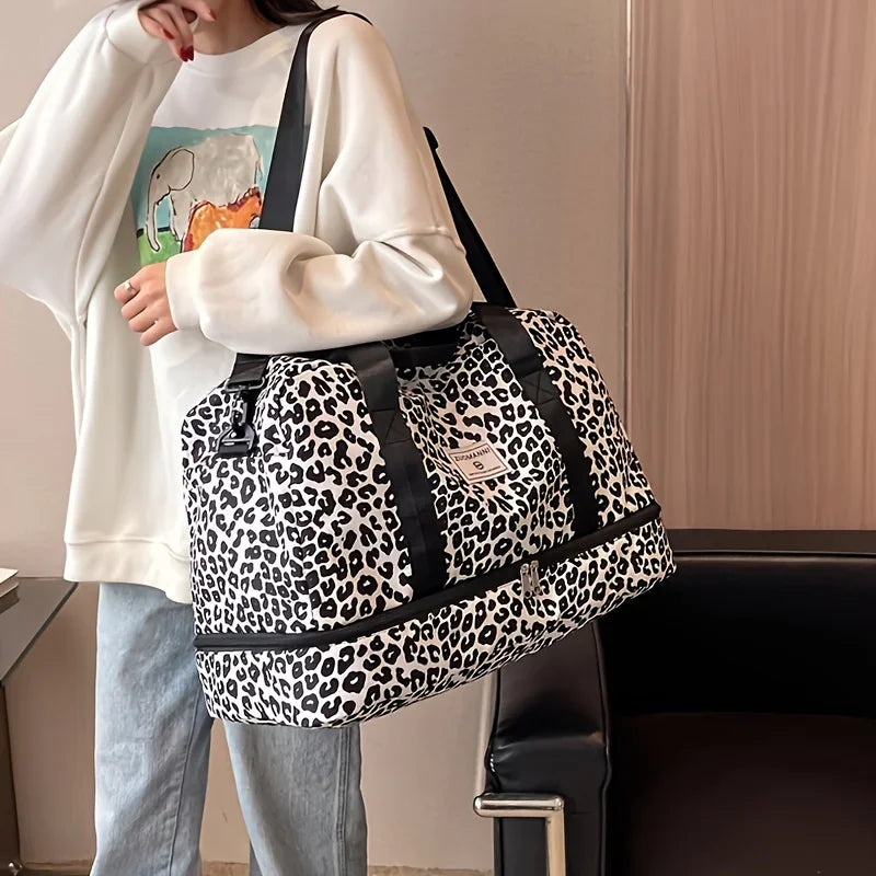 Large Capacity Nylon Travel Duffle Bag with Animal Print, Sports Gym Storage Bag, Portable Women'S Weekender Overnight Bag