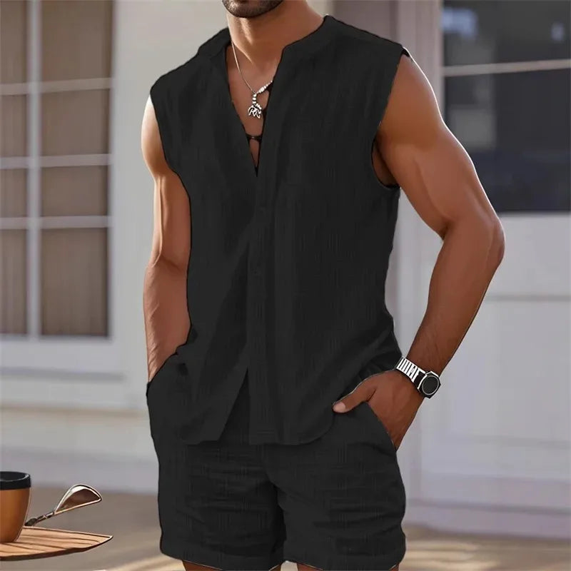 Men's vest shirt, sleeveless top and shorts two-piece checkered set, casual and fashionable Hawaiian beach set