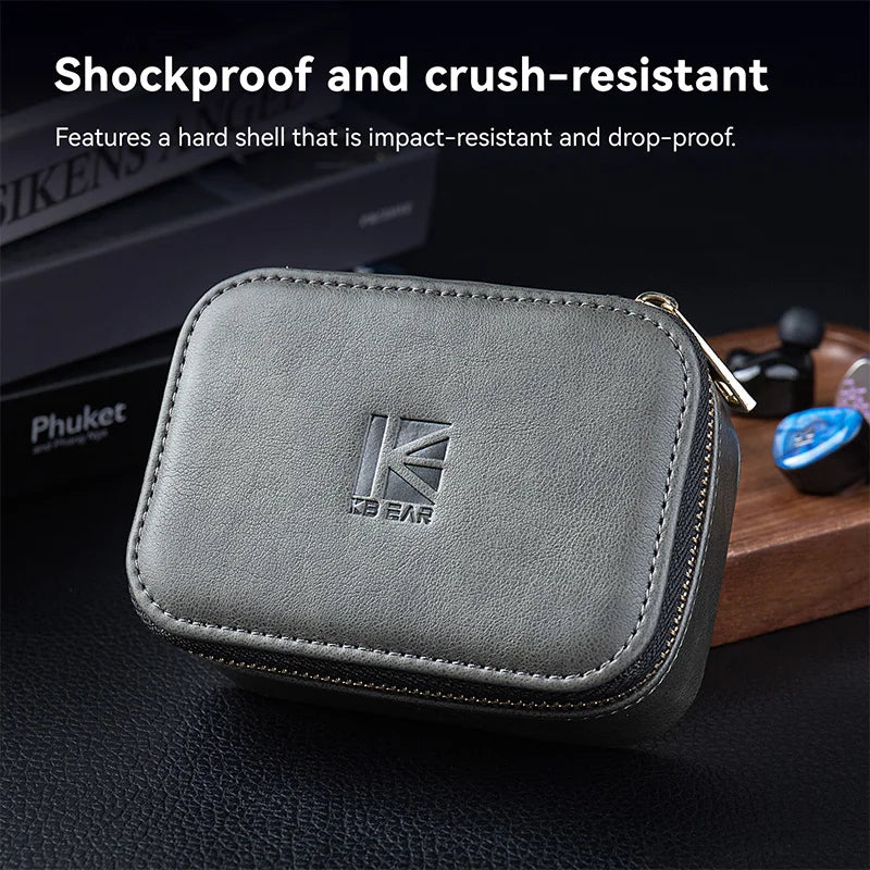 KBEAR BP05 PU Earphone Storage Case – Large zippered design with a cable storage pocket; a portable case for earphones and cable