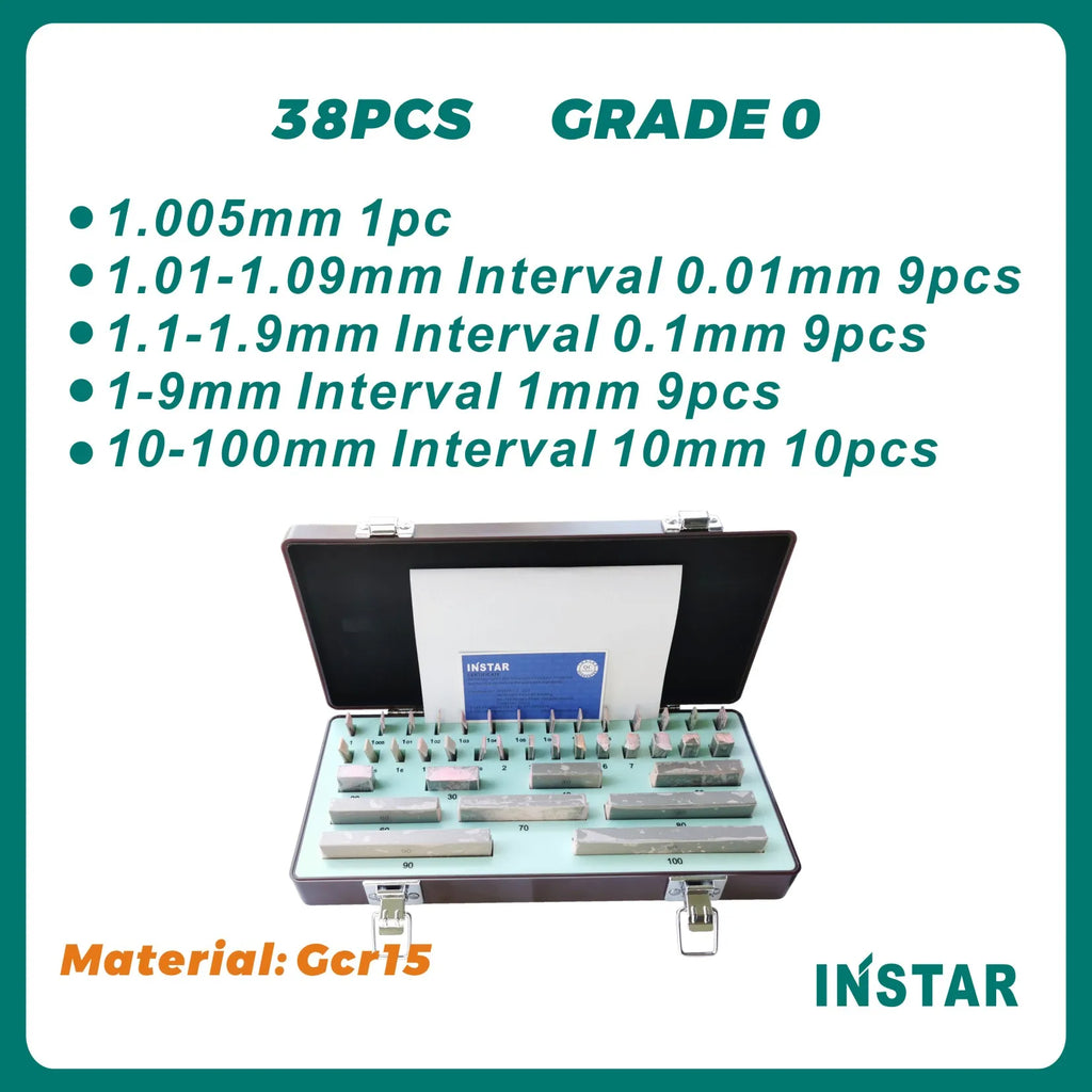 INSTAR Gage Block Set 38PC 47PC Grade 0 High Accuracy 0.00045mm Hardened Steel Gcr15 Industrial Quality 1.005-10-30-50-100mm