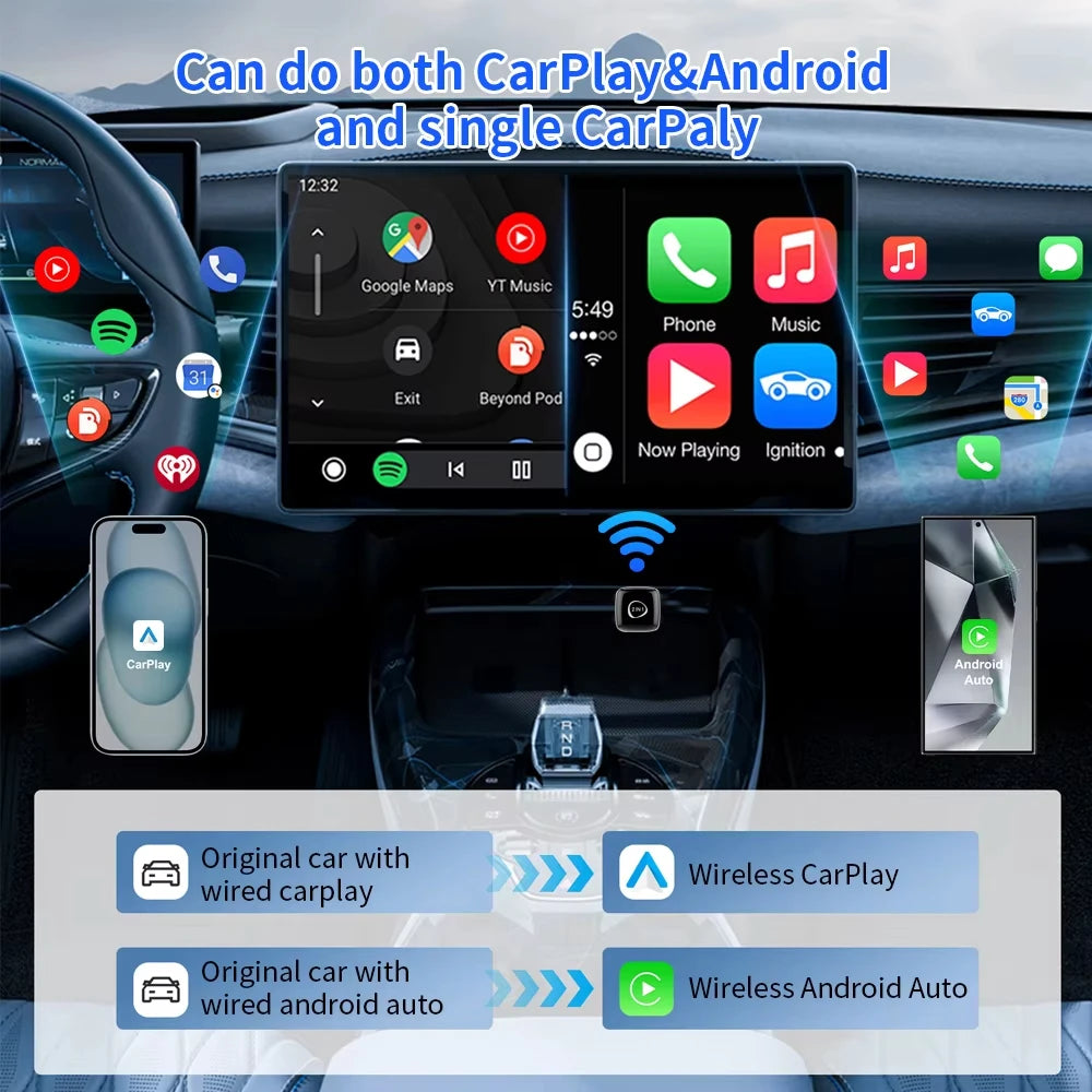 2026 2in1 Wireless Carplay Adapter Android Auto Mini Dongle Fast Setup with WiFi & Bluetooth Connectivity for Car 2016+