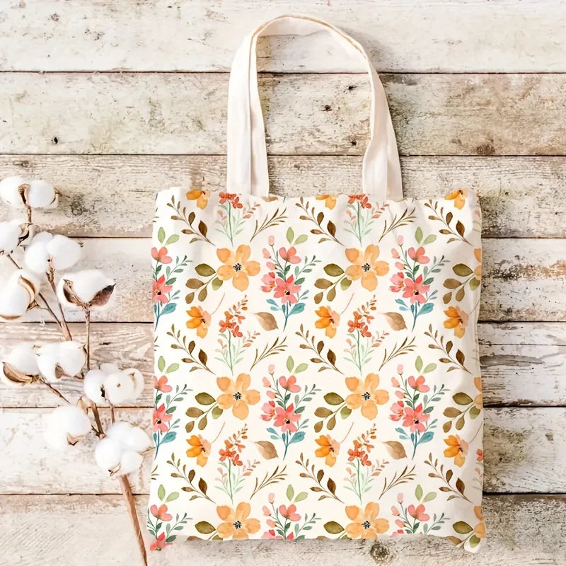 Unisex Canvas Baguette Bag Art Wildflower Pattern Reusable Shopping Tote Large Capacity Double Sided Print Storage Pouch Personal Items Organizer Gift for Friend