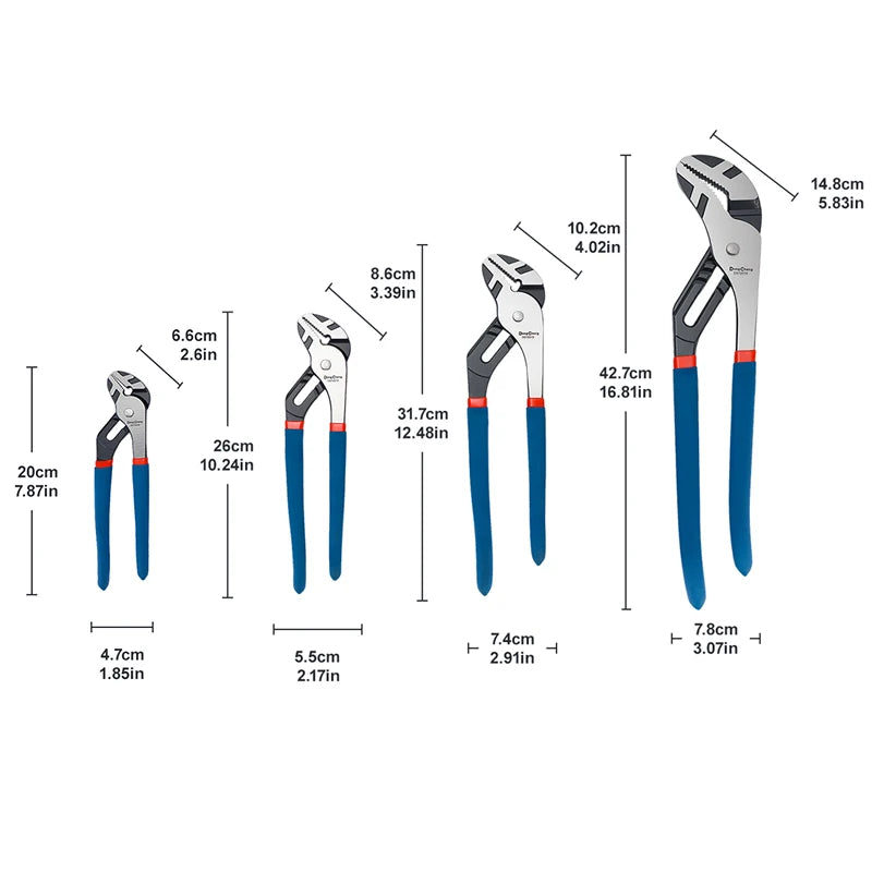 Water Pump Pliers CRV Steel Heat Treated Multi Position Adjustable Groove Joint Pipe Wrench High Torque PVC Grip 8 10 12 16 Inch