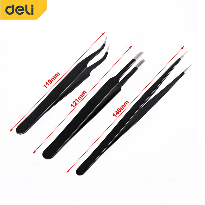 Deli 3 PCS Precision Tweezers Set ESD Anti Static Stainless Steel Tweezers Repair Tools for Electronics Repair Soldering Craft
