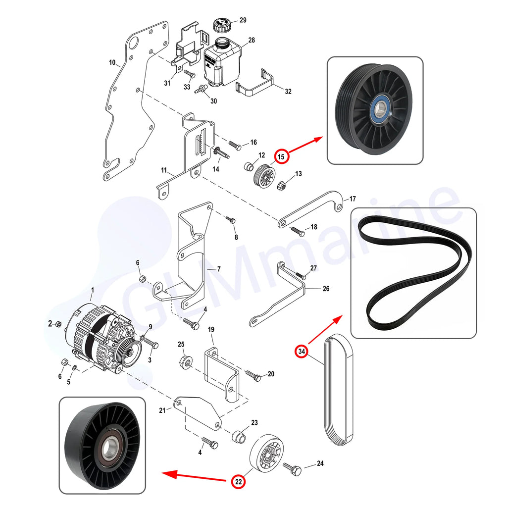 For Mercruiser V6 V8 Serpentine Belt Idler PULLEYet 8M S6500024 4.3-6.2 L MPI Pulleys w/ Belt 862087A1 865598 864625T 865615Q03