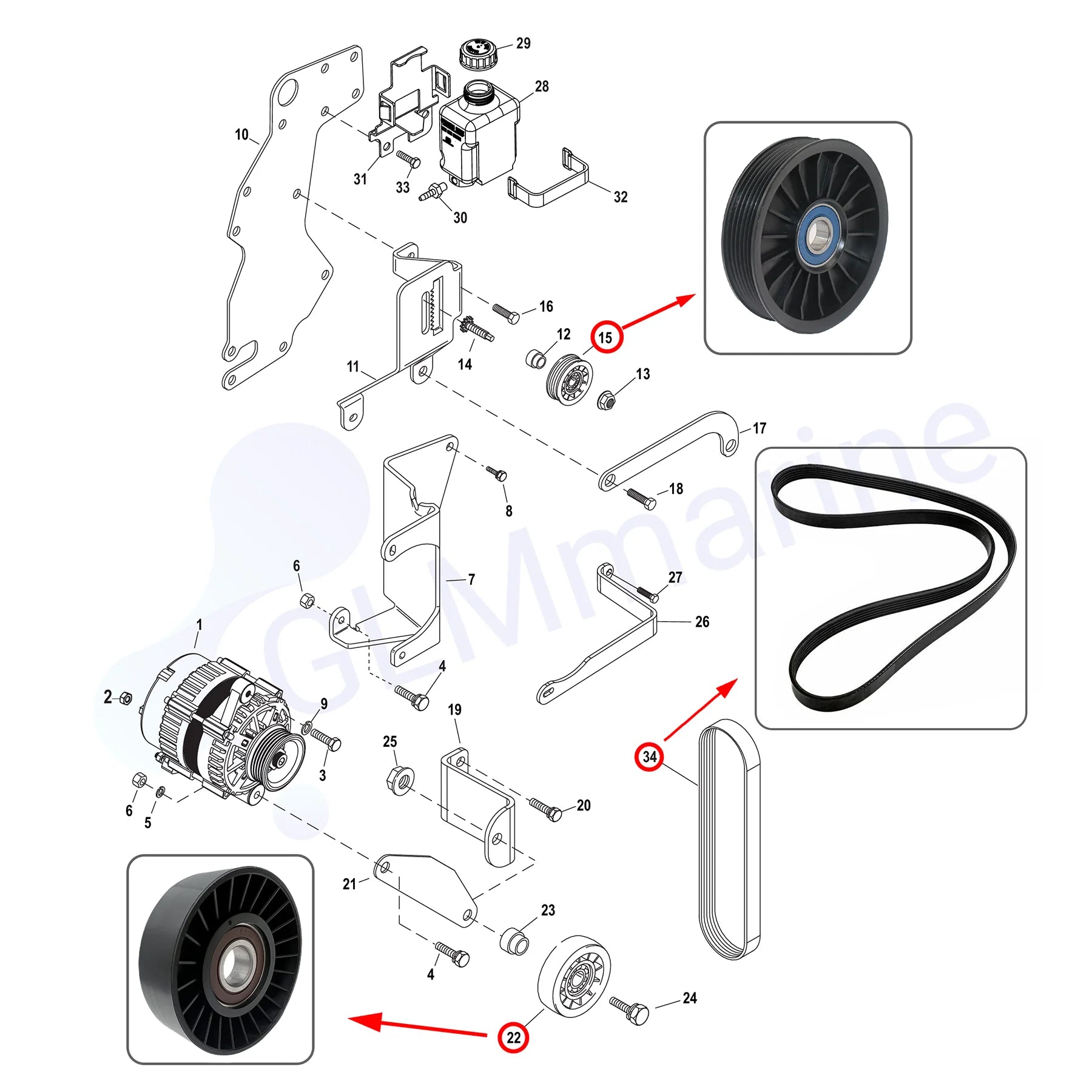 For Mercruiser V6 V8 Serpentine Belt Idler PULLEYet 8M S6500024 4.3-6.2 L MPI Pulleys w/ Belt 862087A1 865598 864625T 865615Q03